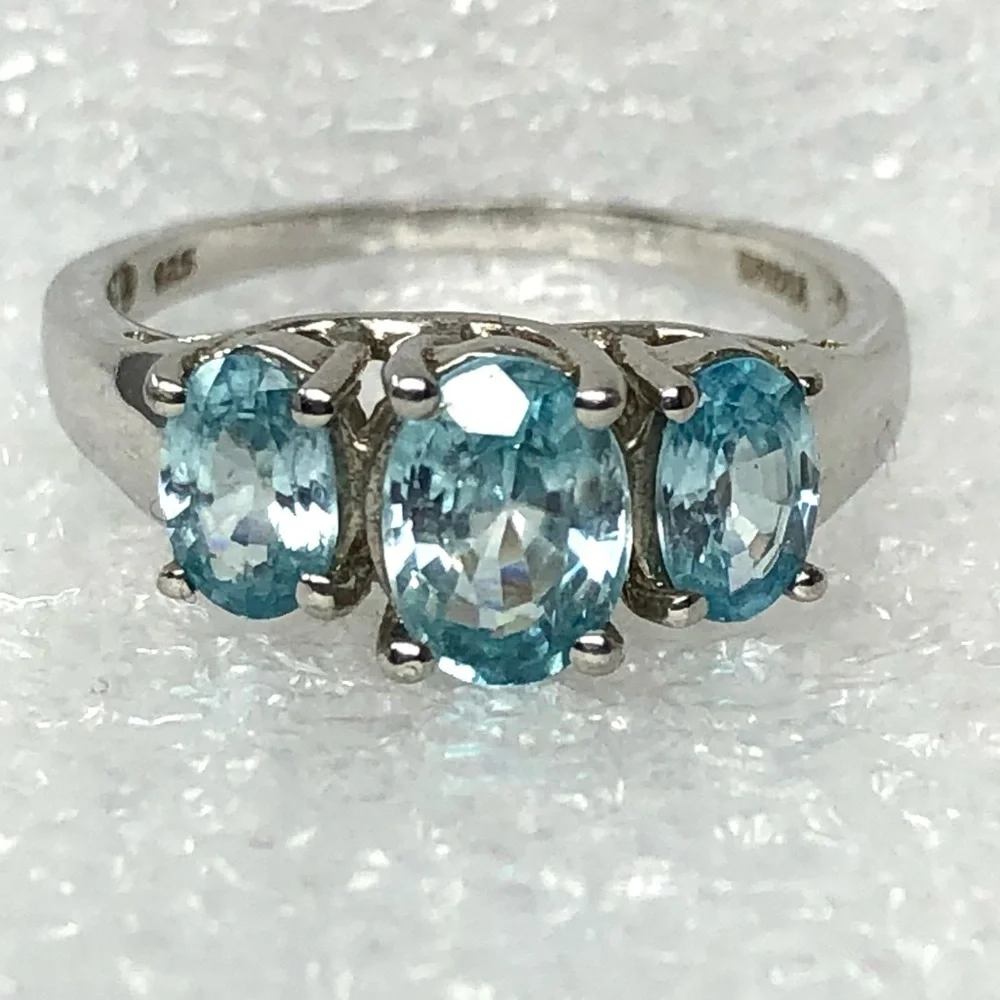 Blue Cambodian Zircon Ring Size 6 Three Stone Rhodium Over Sterling Silver